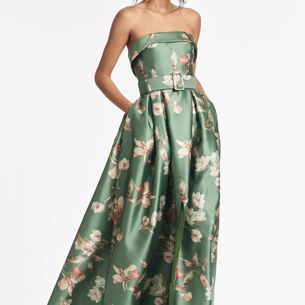 Sachin + Babi Strapless Green Floral Satin Ball Gown
